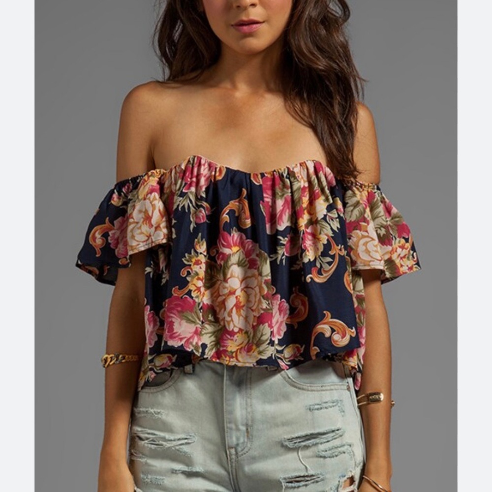 Stone Cold Fox Holy Tube Top Navy Off-Shoulder Floral Crop Top